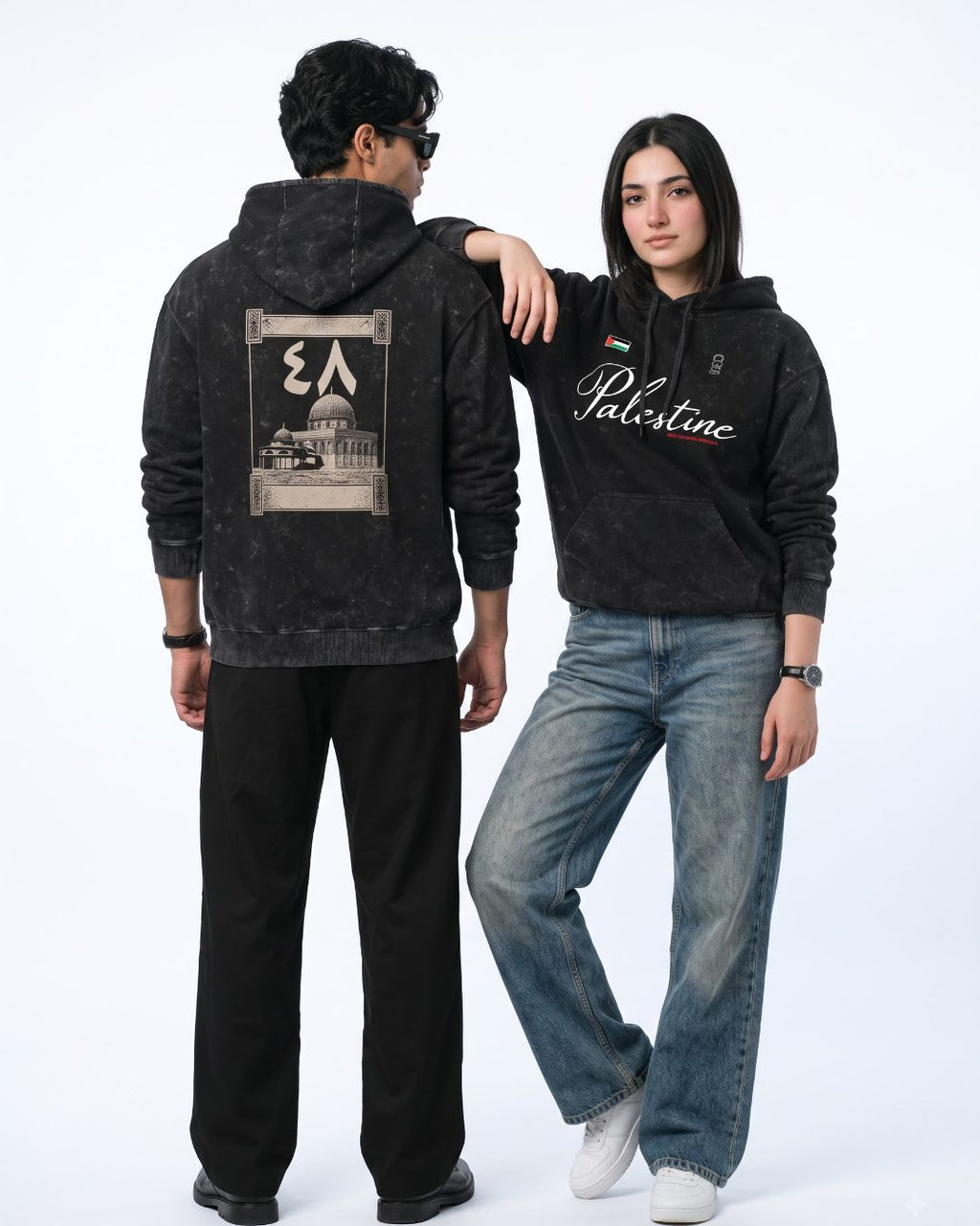 Lasting Roots Acid Wash Hoodie, couple front and back view