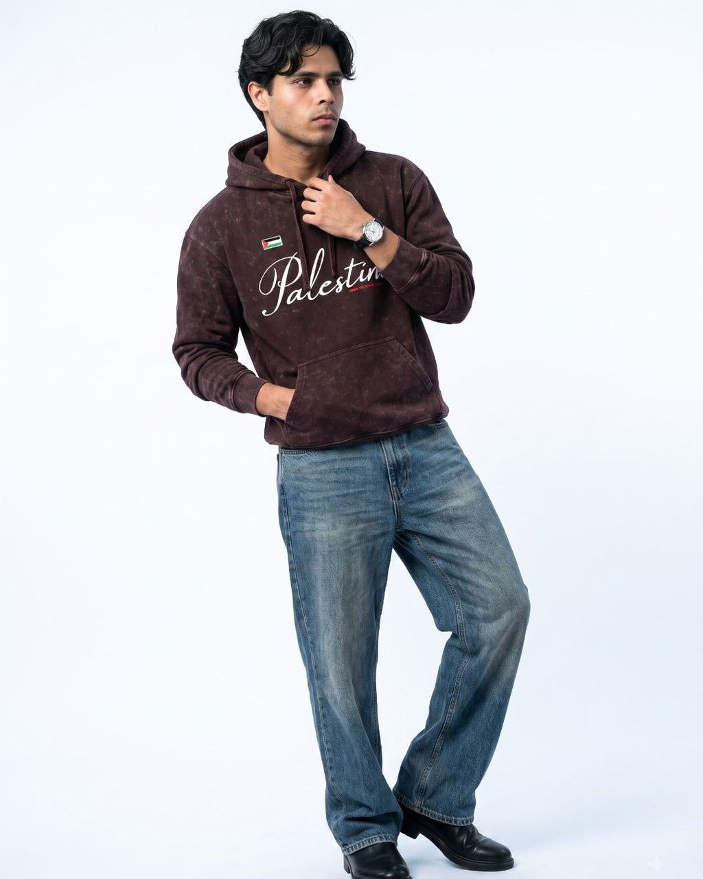 Lasting Roots Acid Wash Hoodie in maroon with blue denim, full view