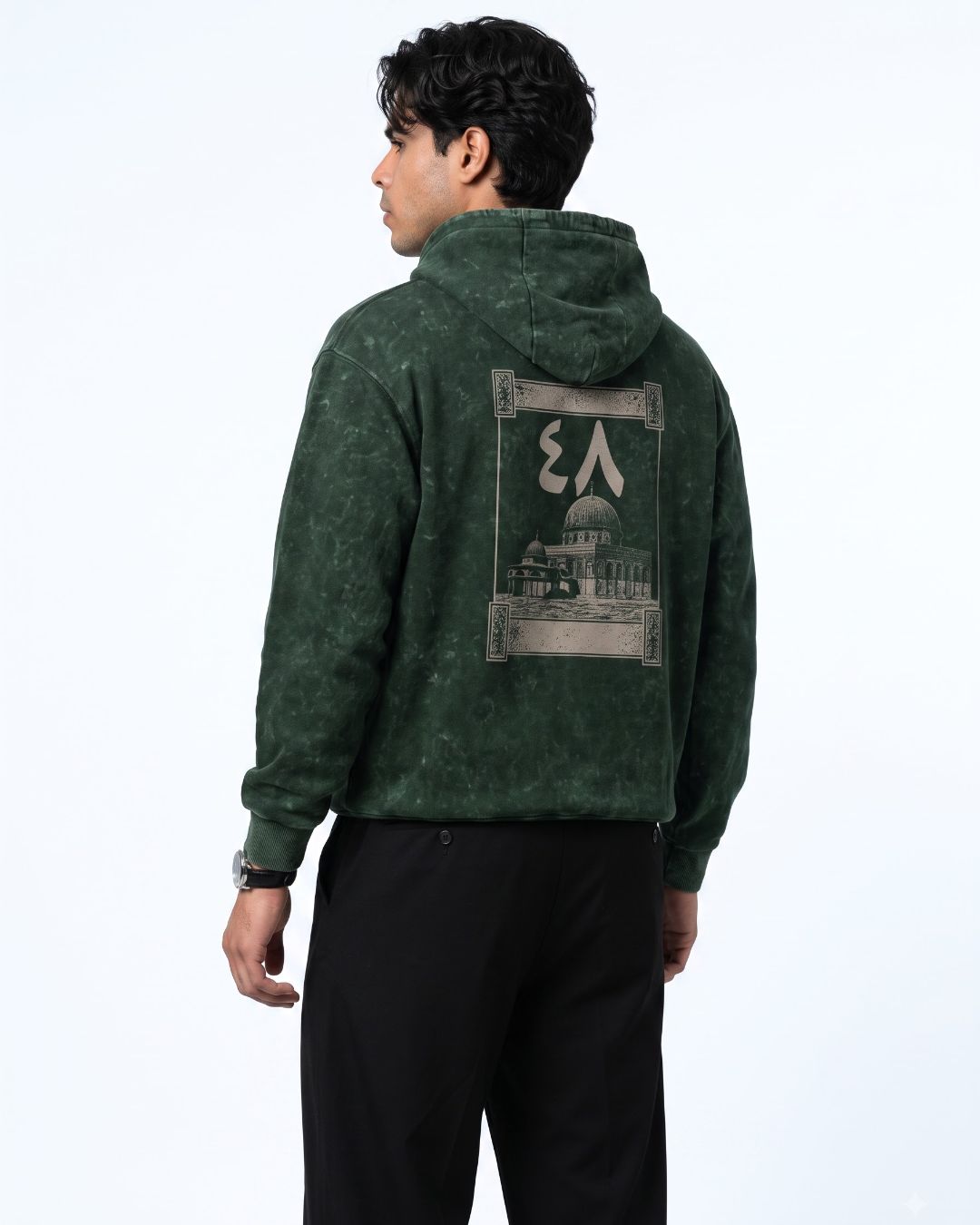 Lasting Roots Acid Wash Hoodie in bottle green, back view