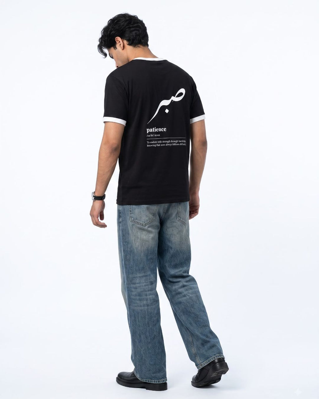 Patience black ringer t-shirt back detail view